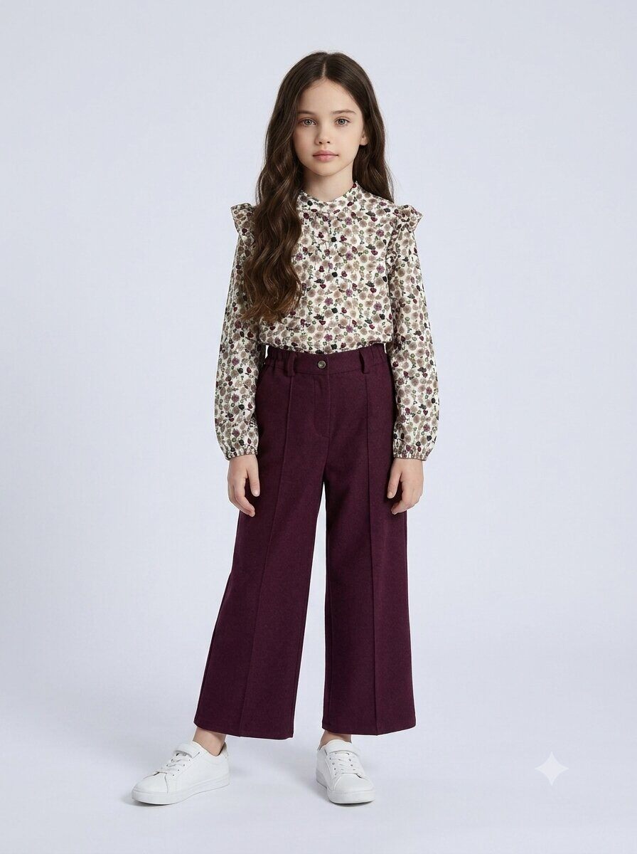 Meisjes Blouse met Bloemenprint & Ruches – Burgundy