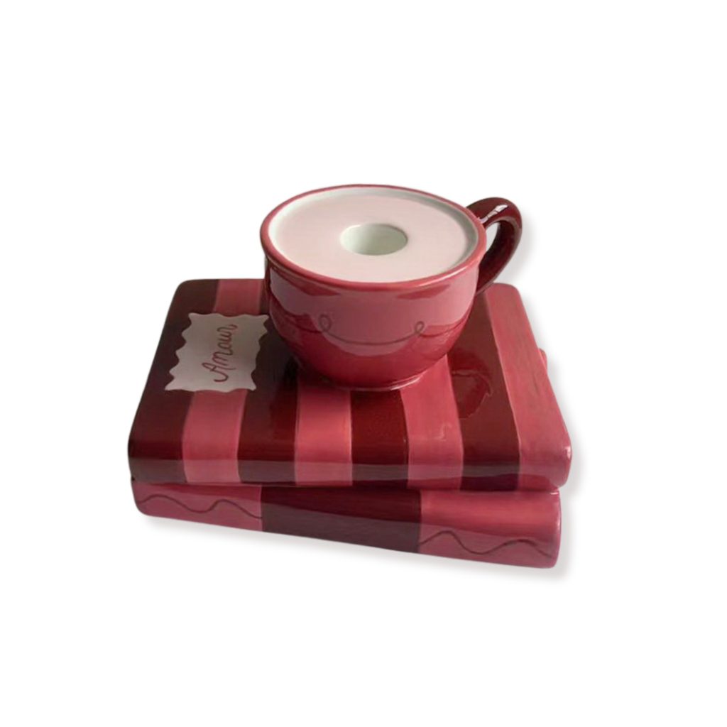 Kandelaar - Kopje op boeken - Rood/roze - 16,5x13,5x9,5 cm