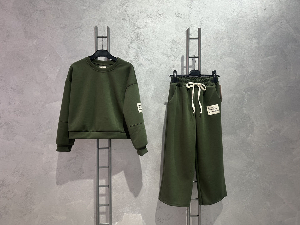 Girls Comfy Set met Wide Leg Broek – Zwart & Kaki