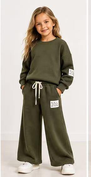 Girls Comfy Set met Wide Leg Broek – Zwart & Kaki