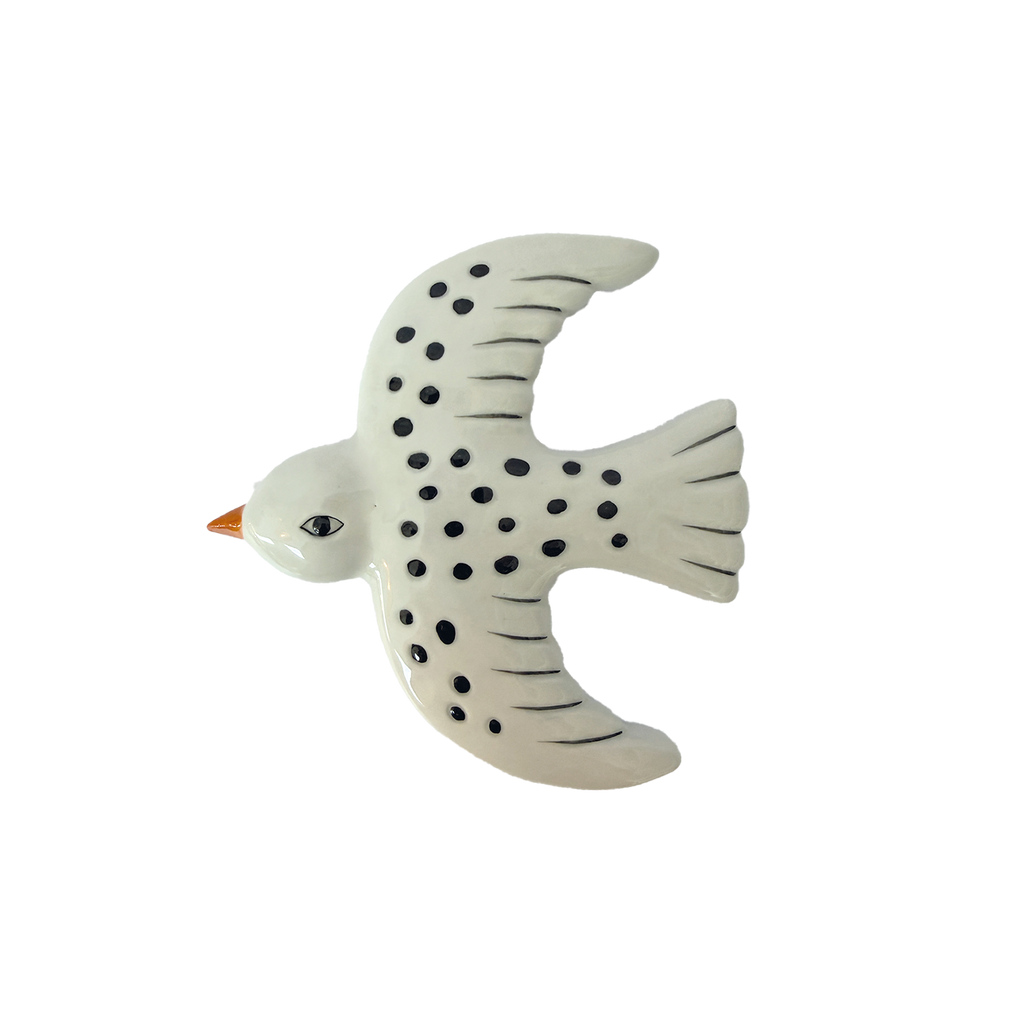 Keramische Wanddecoratie Vogel – Wit met Zwarte Stippen - 12 cm