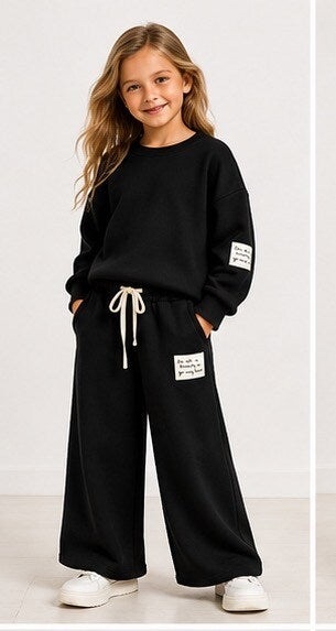 Girls Comfy Set met Wide Leg Broek – Zwart & Kaki