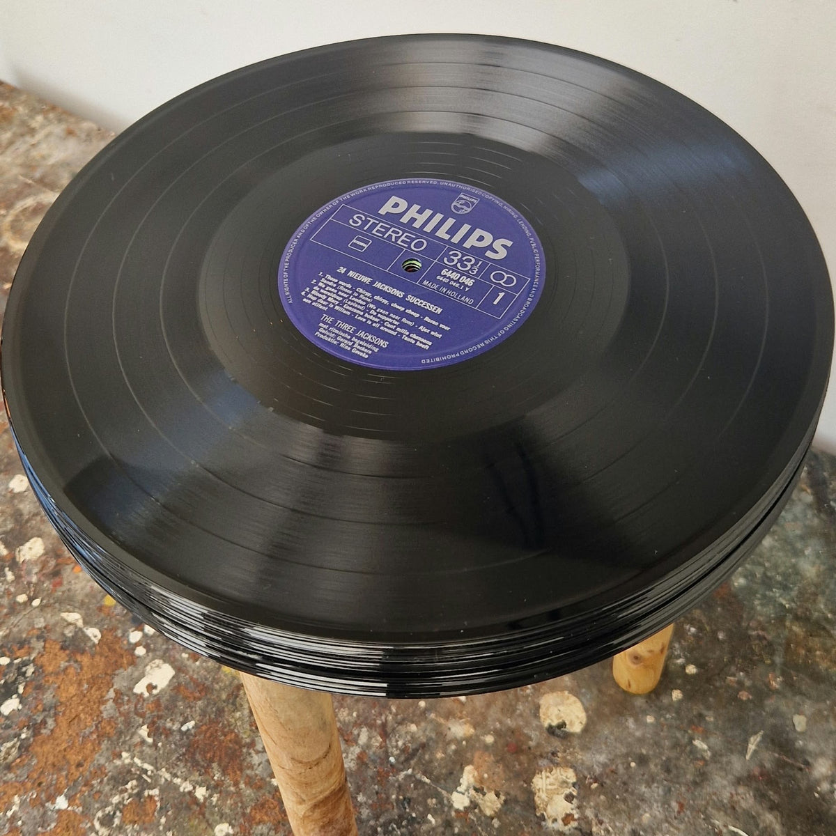 Handgemaakte LP Bijzettafel | Origineel label | Houten Poten