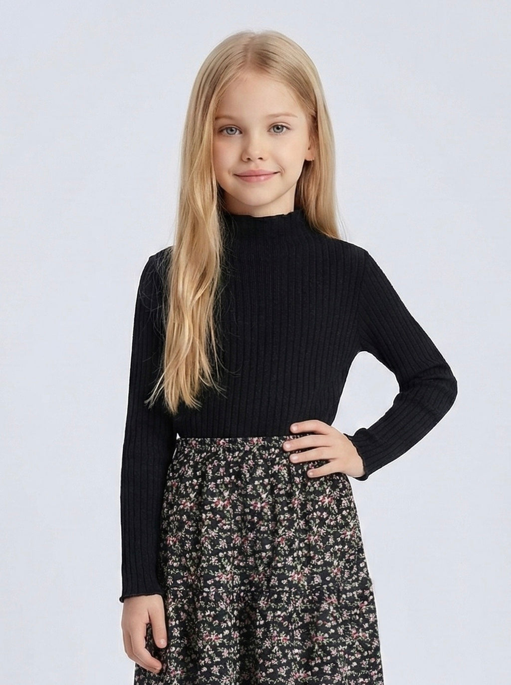 Rib Top met Col voor Meisjes – Zwart