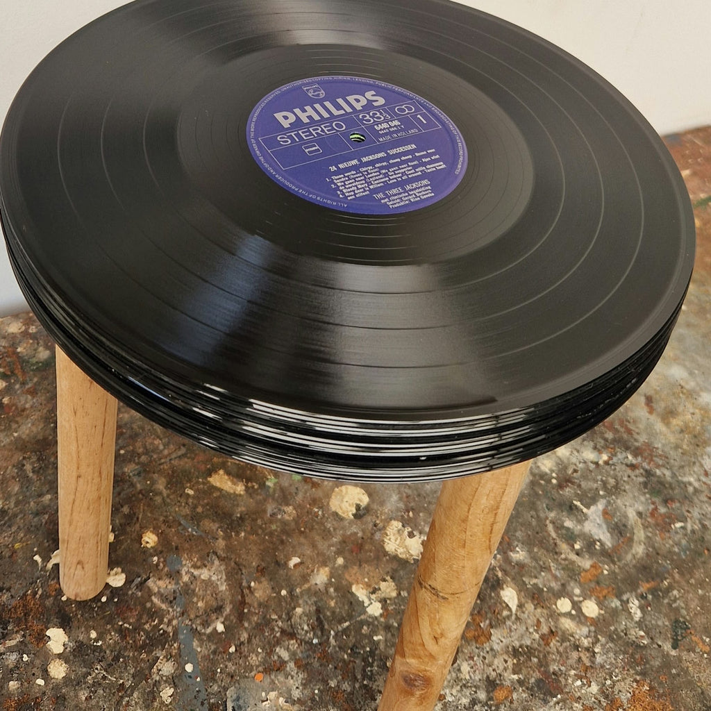 Handgemaakte LP Bijzettafel | Origineel label | Houten Poten