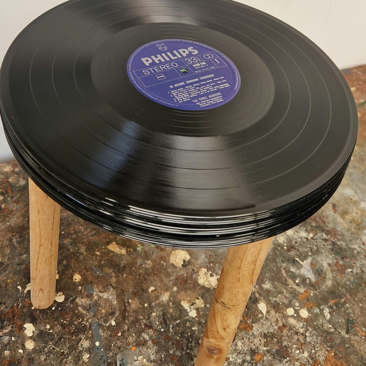 Handgemaakte LP Bijzettafel | Origineel label | Houten Poten