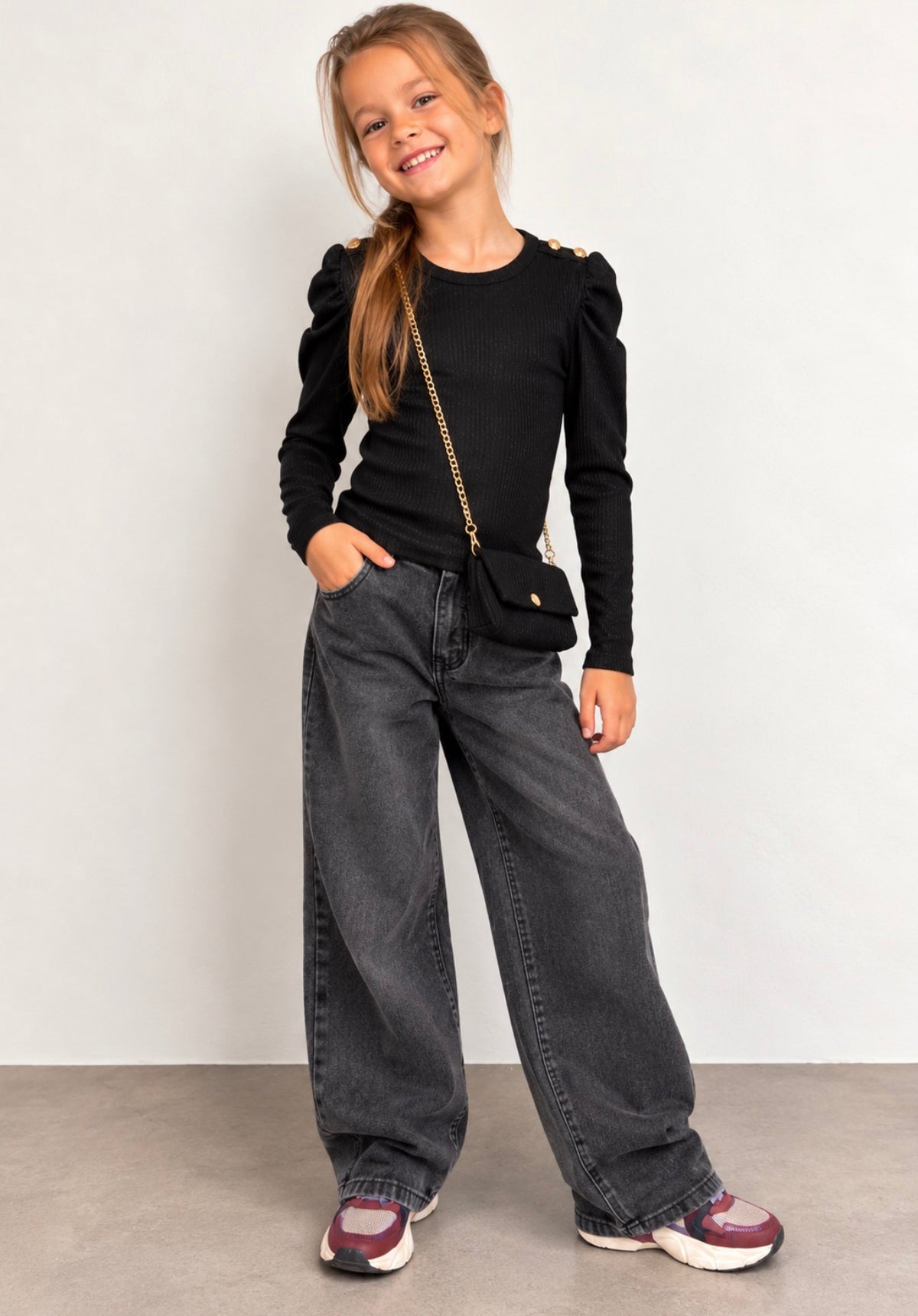 Meisjes Ribtrui met Tasje & Goudkleurige Knopen