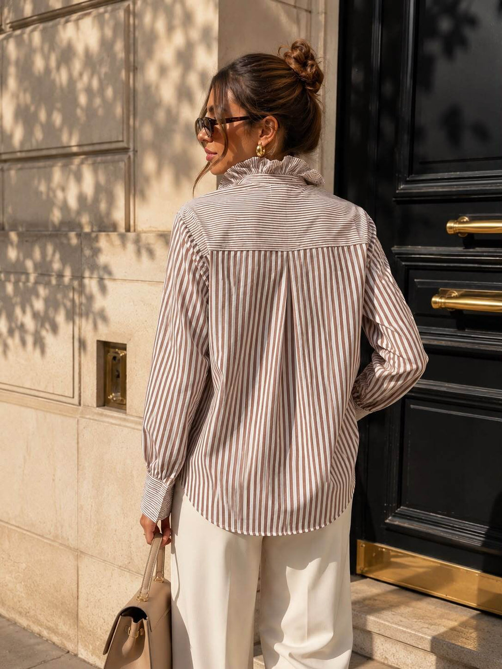 Gestreepte Blouse met Ruches – Bruin/Wit