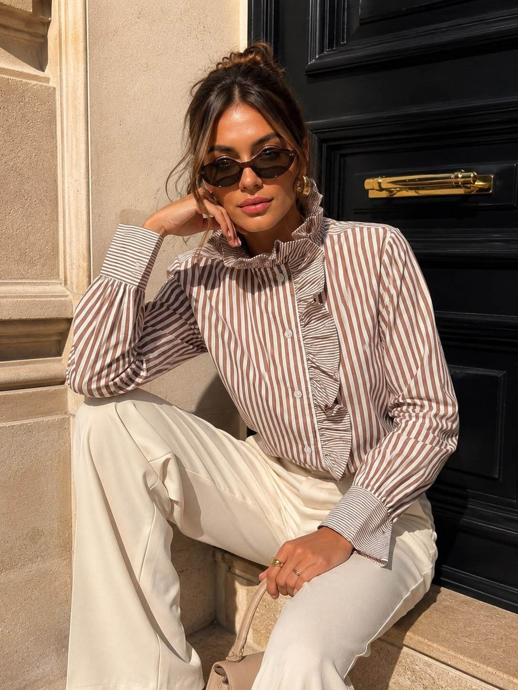 Gestreepte Blouse met Ruches – Bruin/Wit