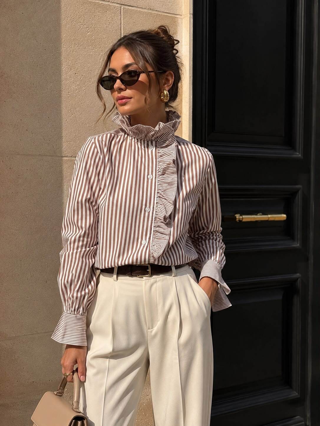 Gestreepte Blouse met Ruches – Bruin/Wit
