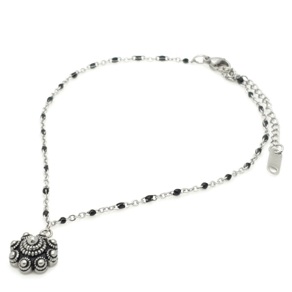 MYKK Jewelry | Sieraden RVS Zeeuwse knop enkelbandje - Zwarte accenten