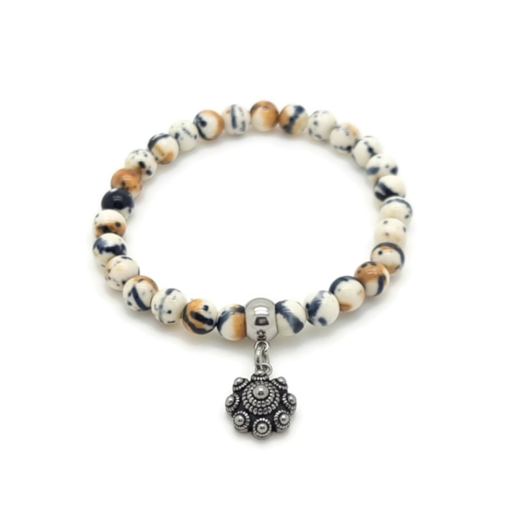 RVS Zeeuwse knop armband - Natuursteen beige zwart MYKK Jewelry