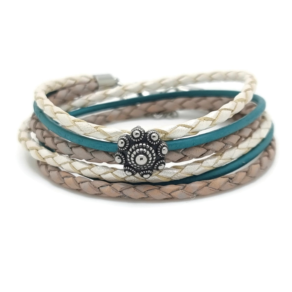 RVS Zeeuwse knop armband dubbel - Parel, turquoise en bruin leer | MYKK Jewelry