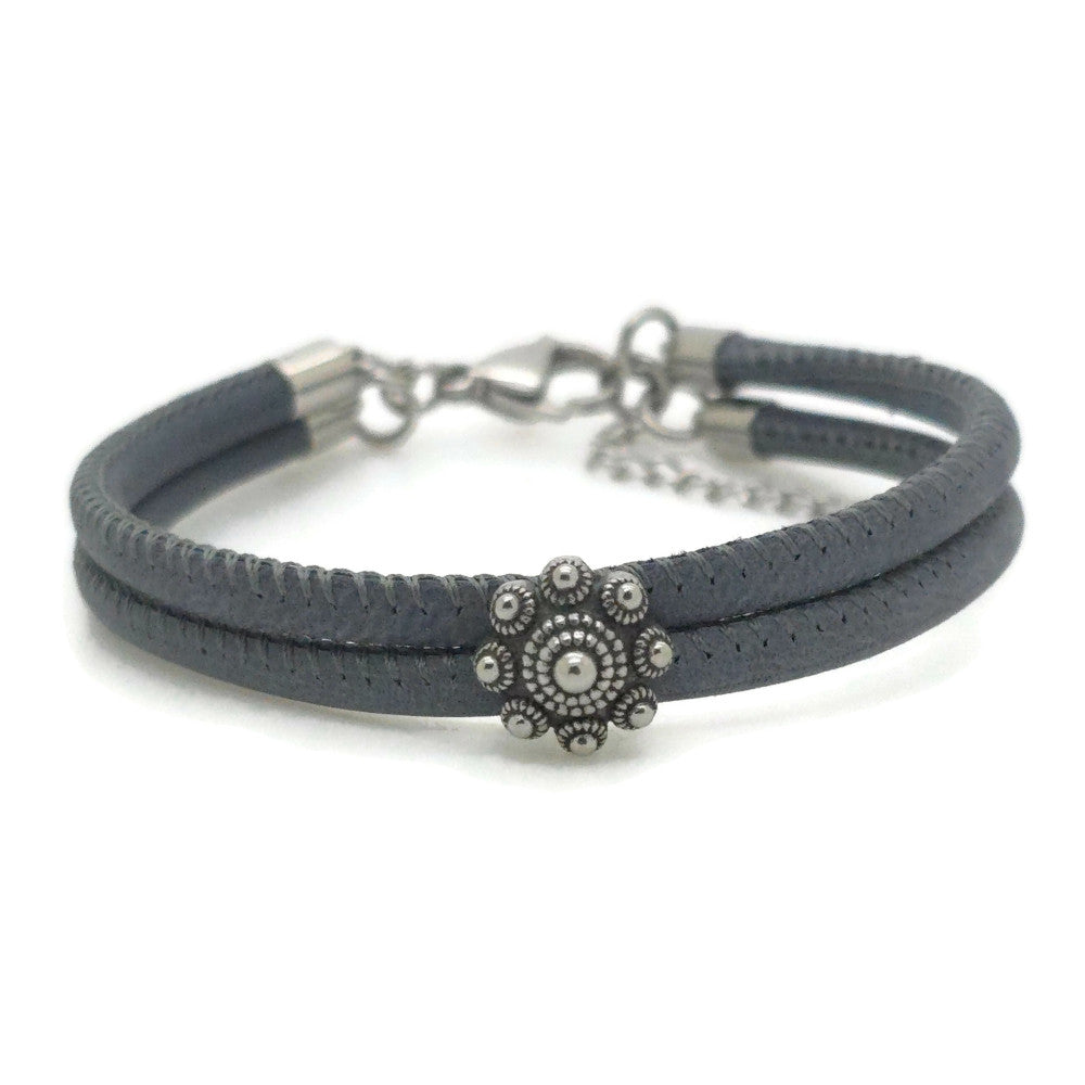 RVS Zeeuwse knop armband - Stitched leer grijs | MYKK Jewelry
