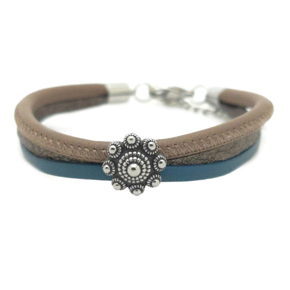 RVS Zeeuwse knop armband - Bruin, glitter en turquoise leer | MYKK Jewelry