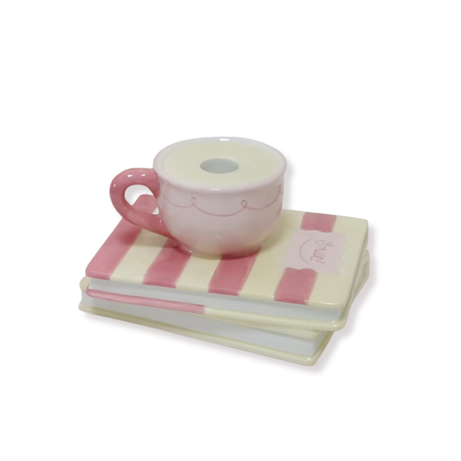 Kaarsenhouder - Kopje op boeken - Geel/Roze - 16,5x13,5x9,5cm