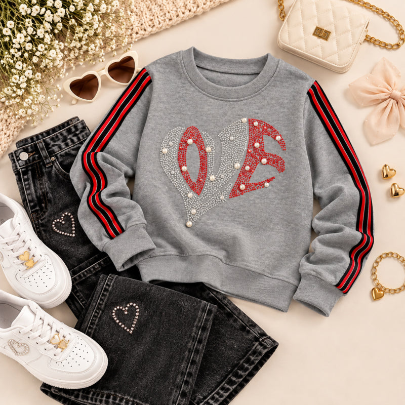 Meisjes Sweater LOVE met Strass & Parels – Grijs | 4 t/m 14 jaar